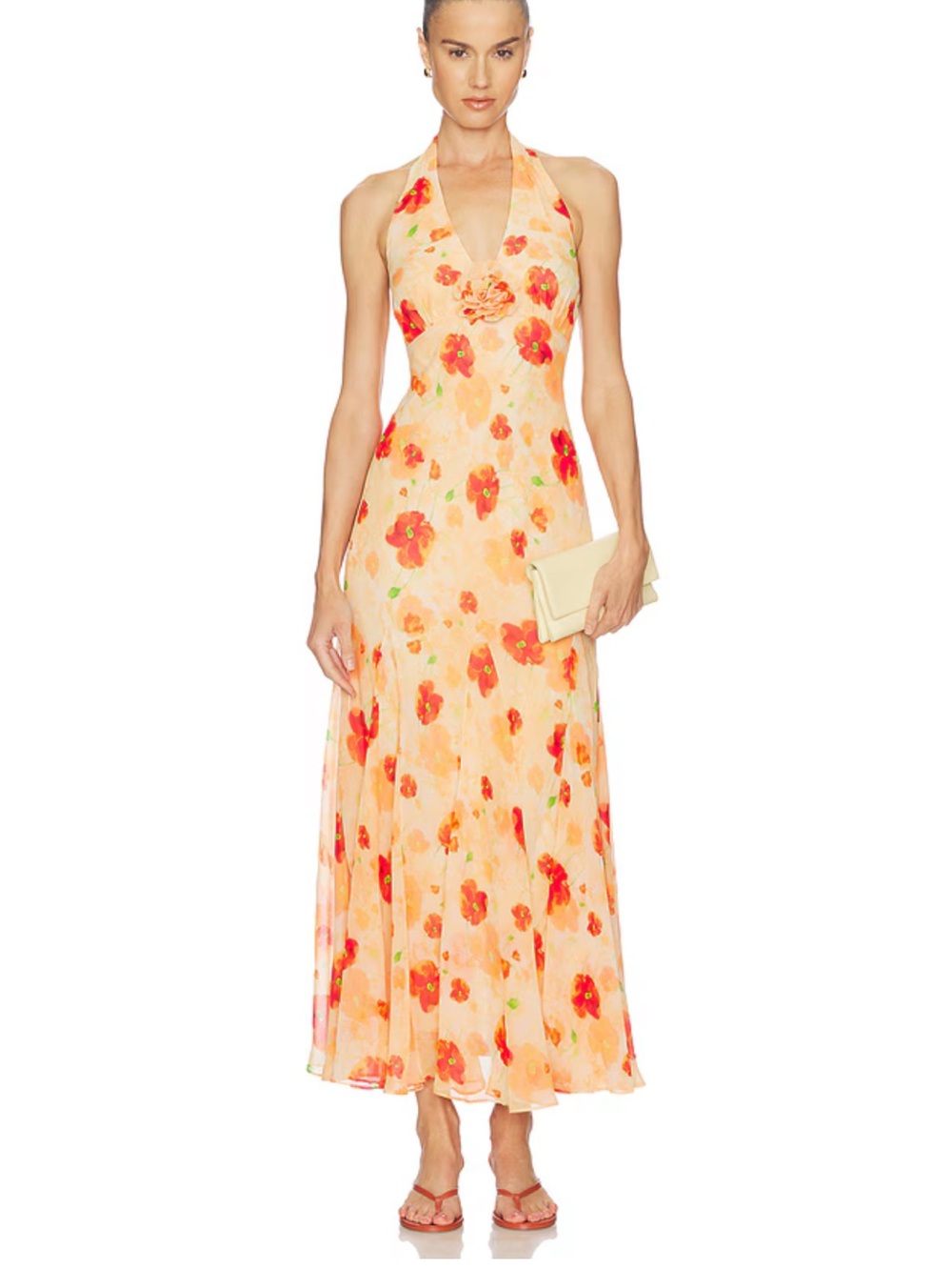 Astr Peach Floral Halter Maxi Dress with Red-Orange Blooms
